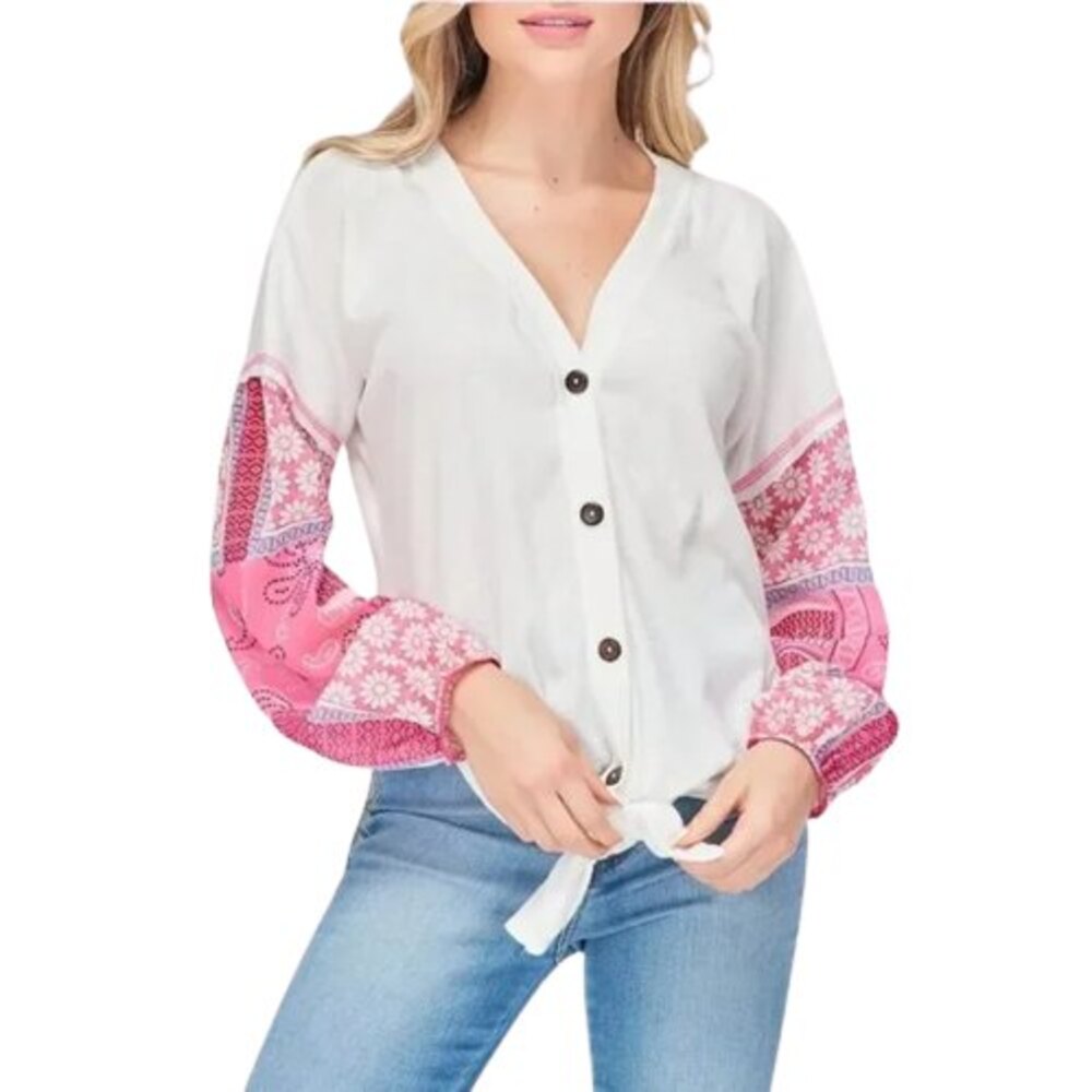 Baea Boho Mixed Cardigan Womens 1X White Button Up Tie Front Long Sleeve NWT